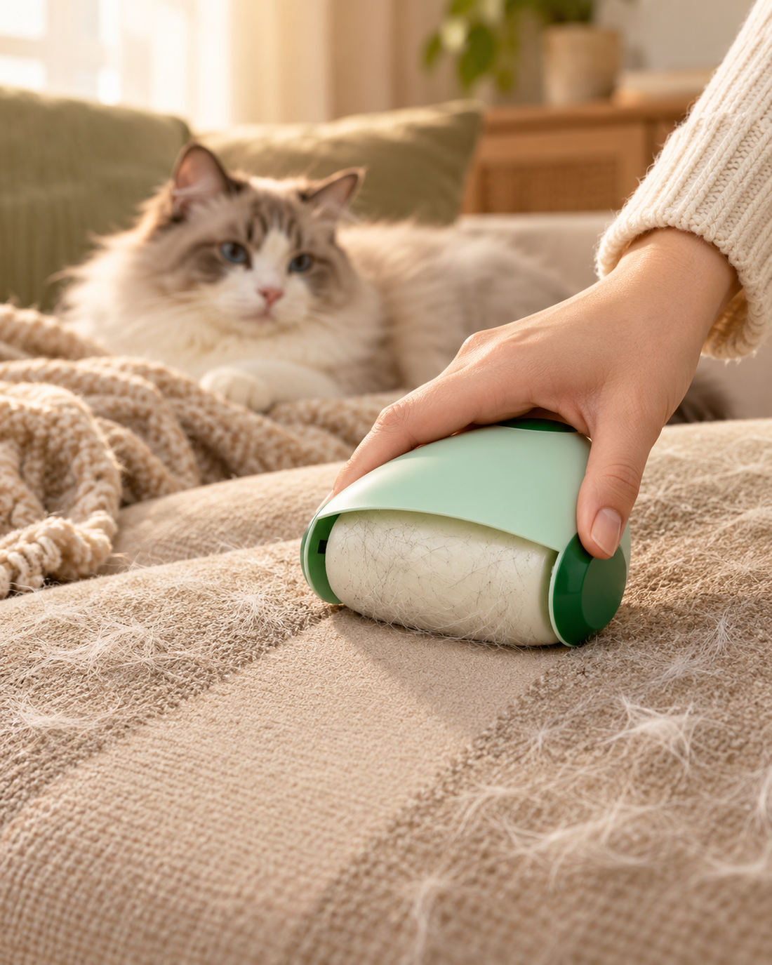 Quita pelo reutilizable usado sobre textil en hogar con gato